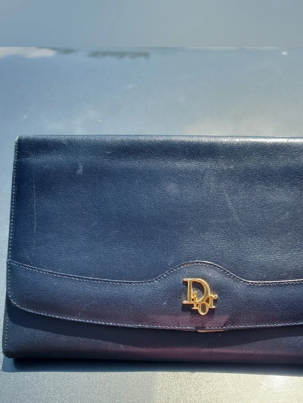 Dior Navy Blue Leather Clutch with Gold Logo
